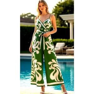 Express Tropical Green Jumpsuit Baroque Boho Wide Leg Beach Resort Summer Chic M